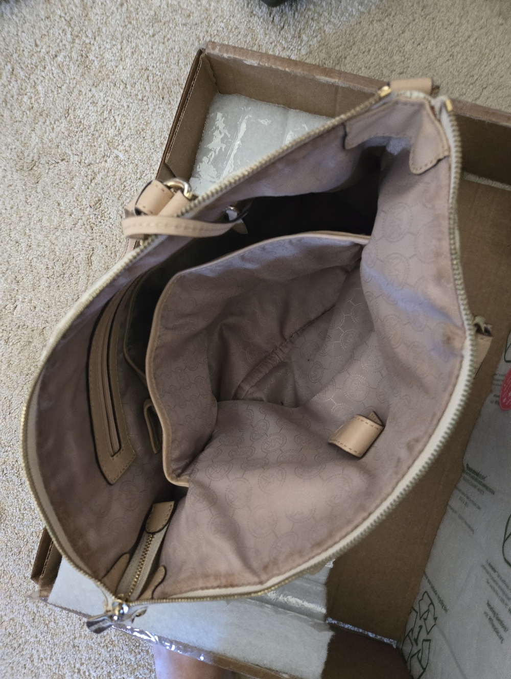 Michael Kors Beige Logo Tote with Pale Pink/Tan Straps Has Tags